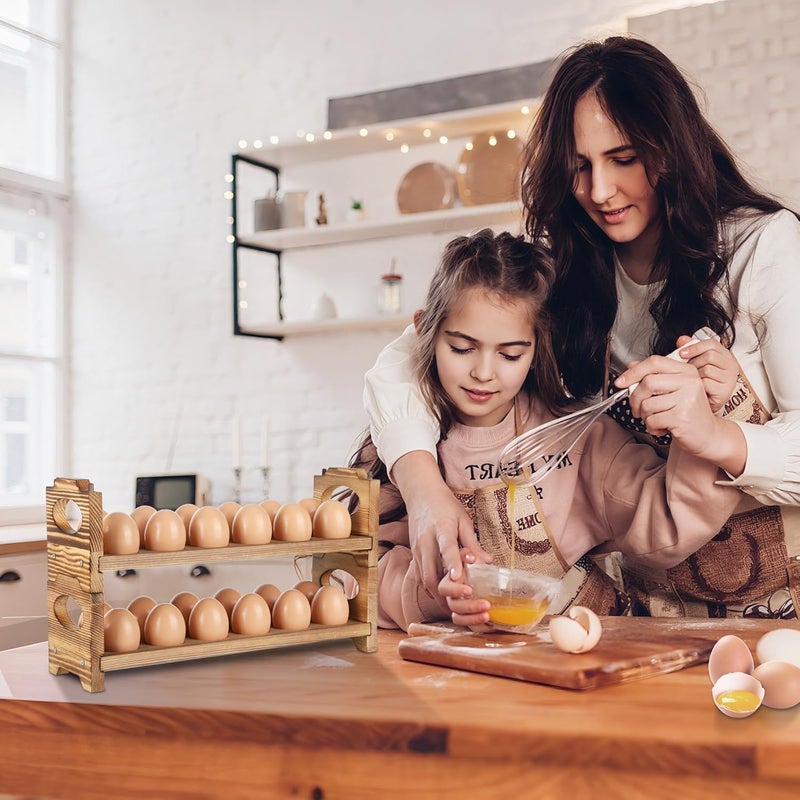 AOOHOOA Wooden Egg Holder Countertop, Stackable Wooden Egg Storage & Organizer, 2-Tier /24-Hole Farmhouse Eggs Rack Wood with Handle for Fresh Eggs to Store Chicken/Duck/Quail/Turkey/Easter Egg - Image 3